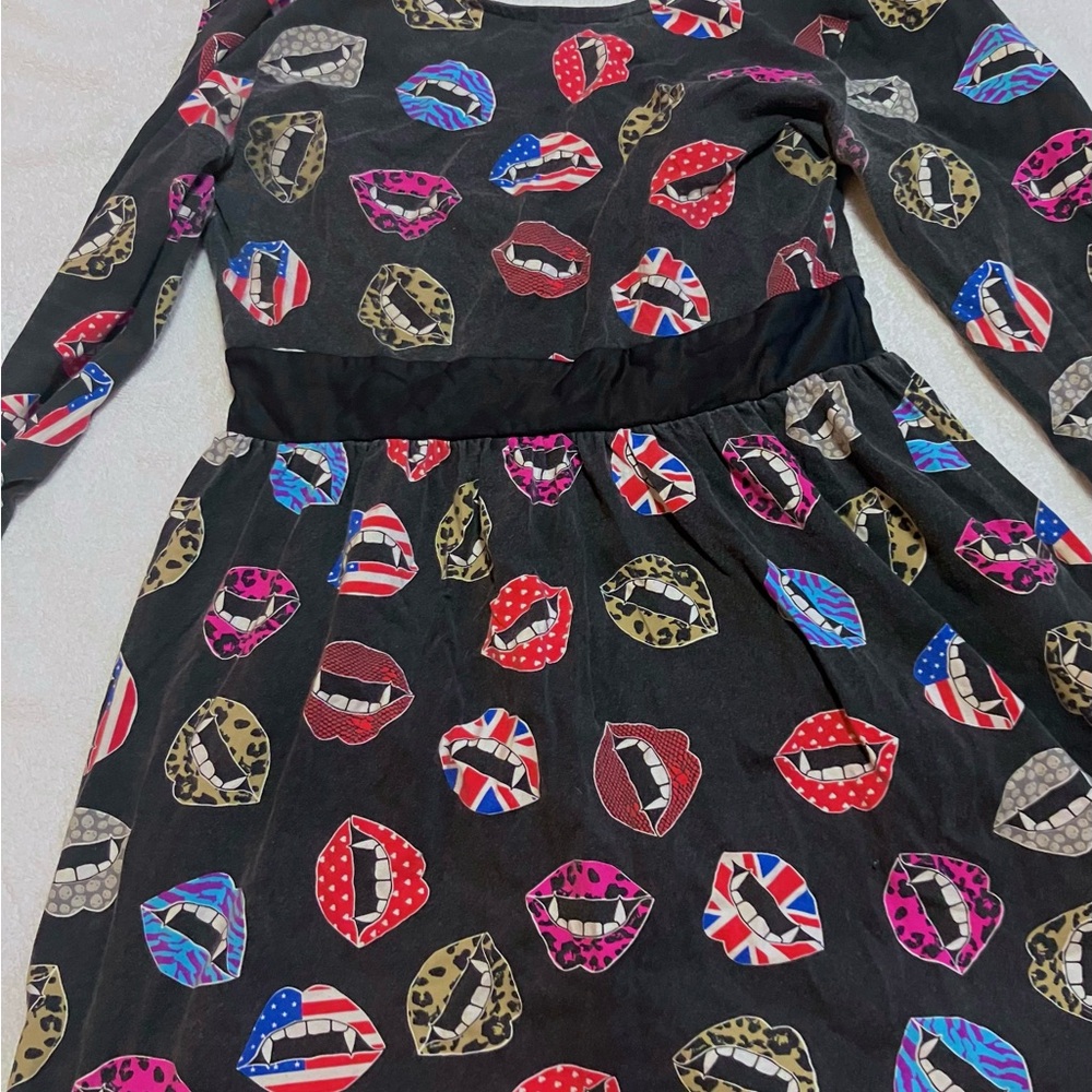 Handmade Black Dress with Colorful Lip Print